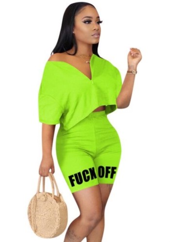 Neon Green Drop Shoulder Crop Top with Letter Print Shorts