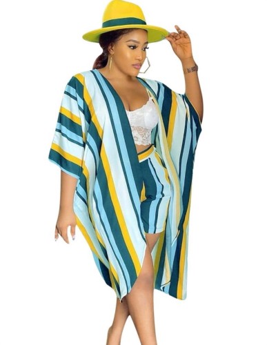 Striped Green Batwing Sleeve Cover Up & Shorts