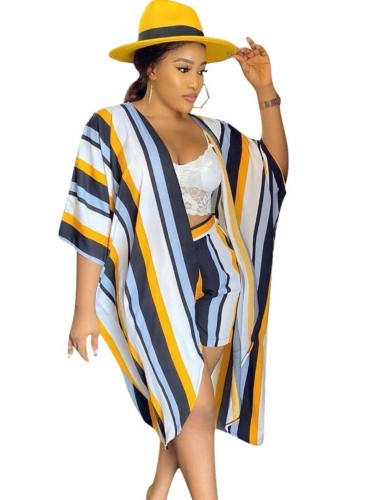 Striped Navy Shorts with Matching Batwing Sleeve Cover Up
