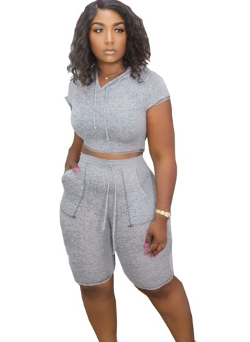 Gray Hooded Top & Pocket Drawstring Shorts