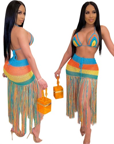 Colorful Crochet Beach Bra and Tassel Hem Skirt