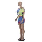 Tie Dye Colorful Tie Front Leisure Two Piece Shorts Set
