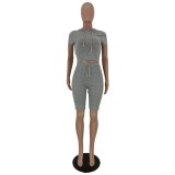 Gray Hooded Top & Pocket Drawstring Shorts
