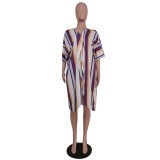 Striped Purple Batwing Sleeve Cover Up and Matching Shorts