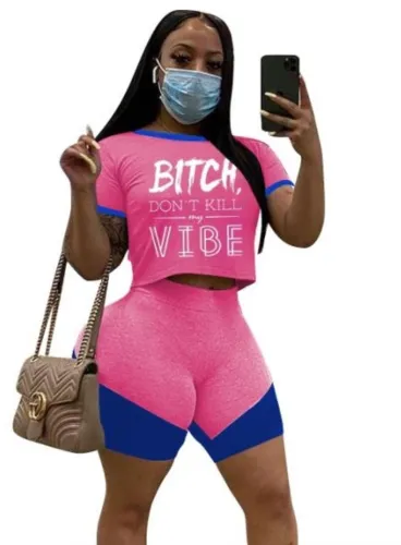 Pink and Blue block Letter Print Two Piece Shorts Set