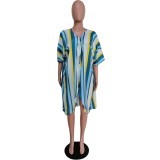 Striped Green Batwing Sleeve Cover Up & Shorts