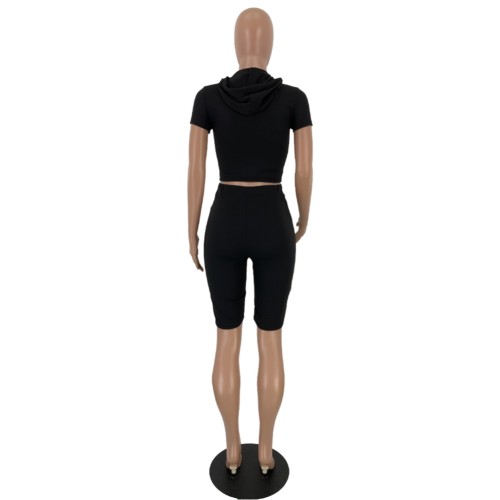 Black Hooded Top & Pocket Drawstring Shorts