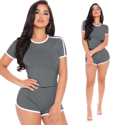 Gray Contrast Binding Leisure Two Piece Shorts Set