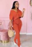 Orange Drop Shoulder Casual Crop Top with Ruched Pants