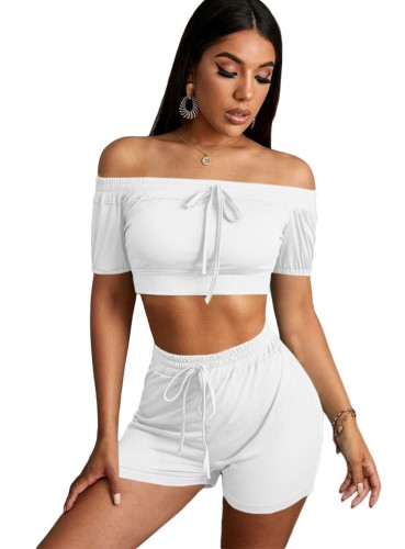 White Off Shoulder Tie Crop Top and Elastic Waist Shorts