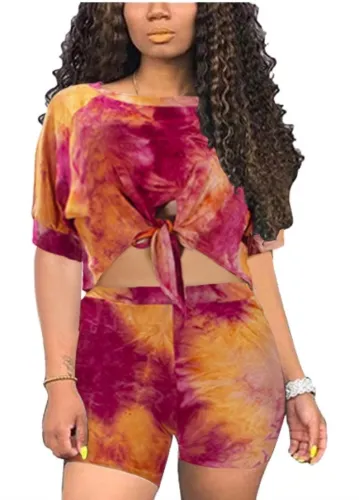 Tie Dye Multicolor Tie Front Leisure Two Piece Shorts Set