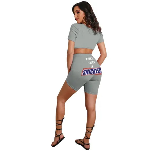 Gray Letter Print Crop Top and Shorts