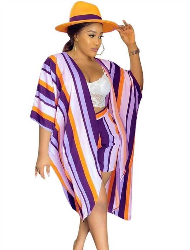 Striped Purple Batwing Sleeve Cover Up and Matching Shorts