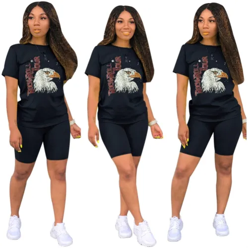 Black Eagle Print Casual Two Piece Shorts Set