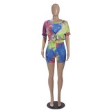 Tie Dye Colorful Tie Front Leisure Two Piece Shorts Set