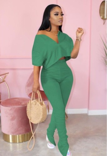 Green Drop Shoulder Casual Two Piece Stacked Pants Set