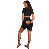 Black Letter and Lip Print Crop Top and Shorts