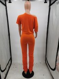 Orange Drop Shoulder Casual Crop Top with Ruched Pants