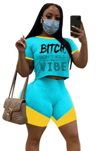 Cyan and Yellow Block Letter Print Two Piece  Shorts