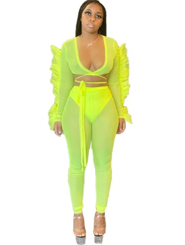 Neon Green Plunging Frilled Sleeve Sheer Top & Pants