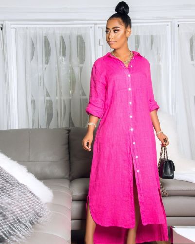 Hot Pink Button Up High Low Long Shirt Dress