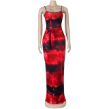 Tie Dye Red Straps Maxi Dress(Without Mask)