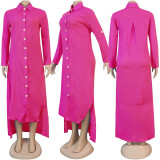 Hot Pink Button Up High Low Long Shirt Dress