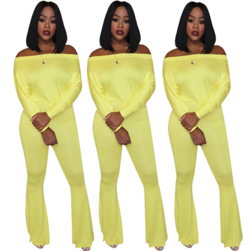 Yellow Off Shoulder Flare Jumpsuit