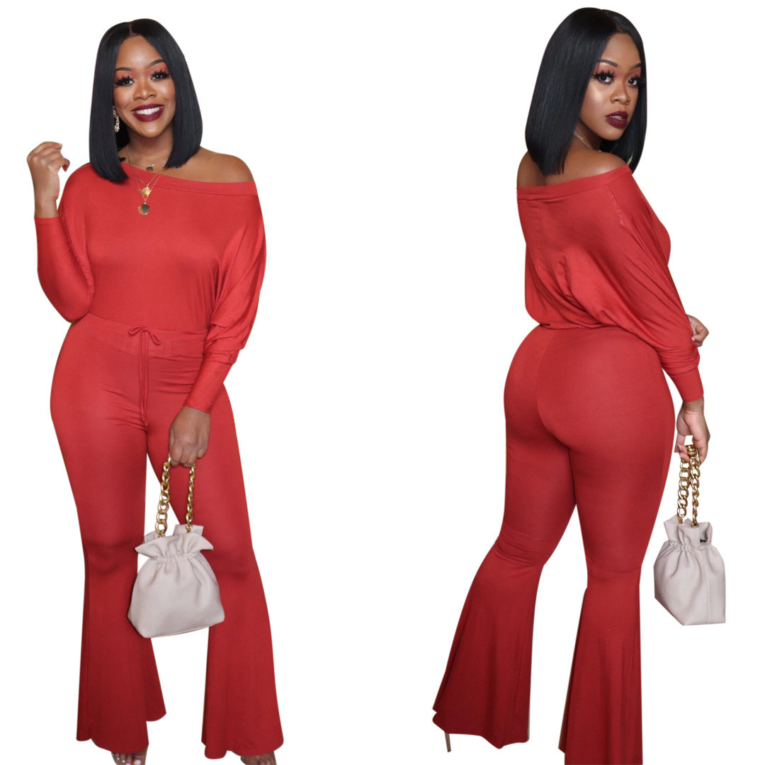 red off the shoulder jumpsuit