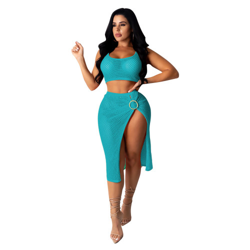 Blue Fishnet Hollow Out Two Piece Skirt Set