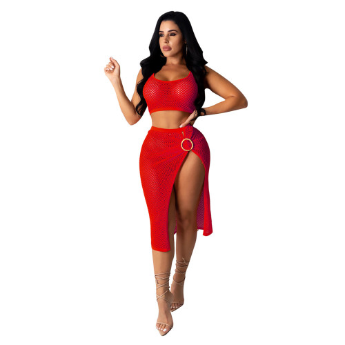 Red Fishnet Hollow Out Two Piece Skirt Set