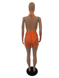 Rhinestone Orange Bra Top & Shorts Set