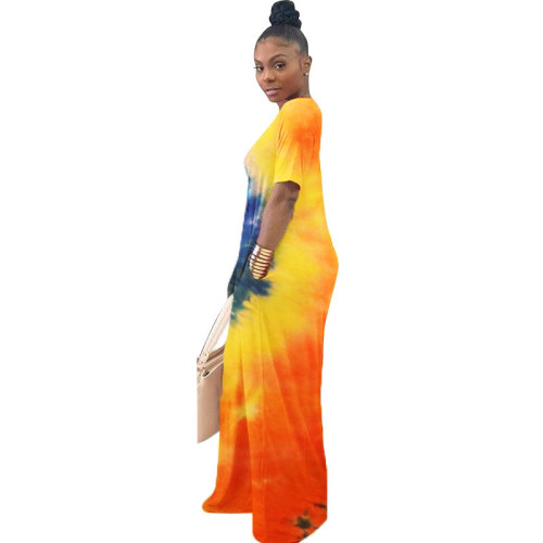 Tie Dye Orange Short Sleeve Maxi Dress
