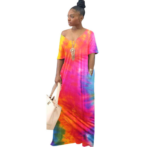 Tie Dye Colorful Short Sleeve Maxi Dress