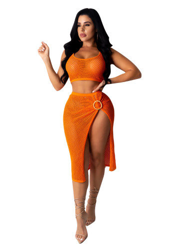 Orange Fishnet Hollow Out Two Piece Skirt Set