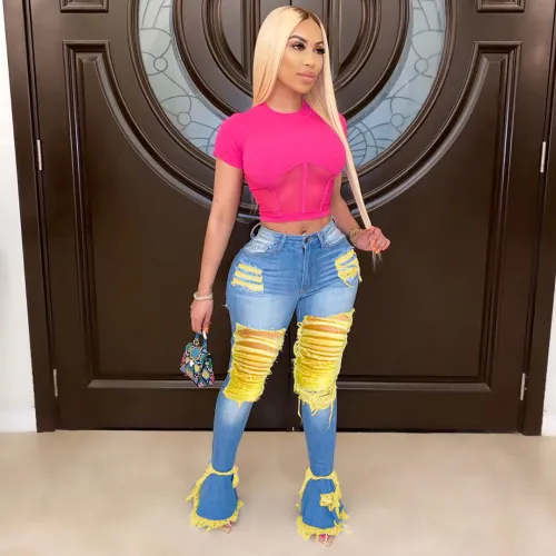 Dark Blue Bell Bottom Ripped Jeans with Yellow Details