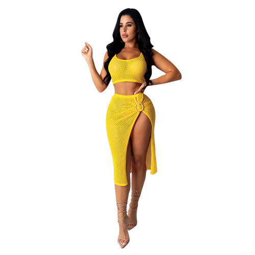 Yellow Fishnet Hollow Out Two Piece Skirt Set