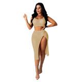 Khaki Fishnet Hollow Out Two Piece Skirt Set