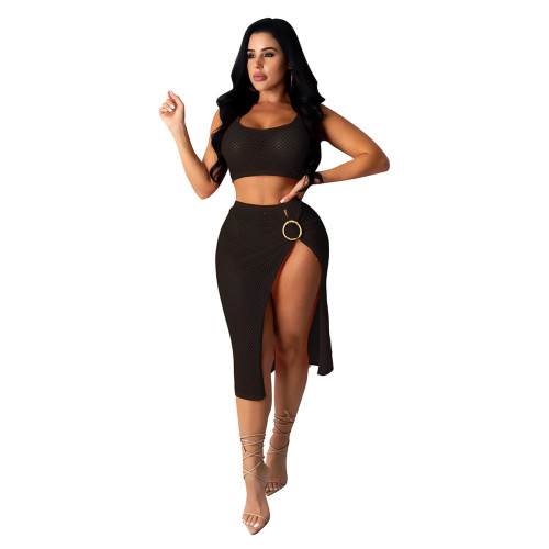Black Fishnet Hollow Out Two Piece Skirt Set