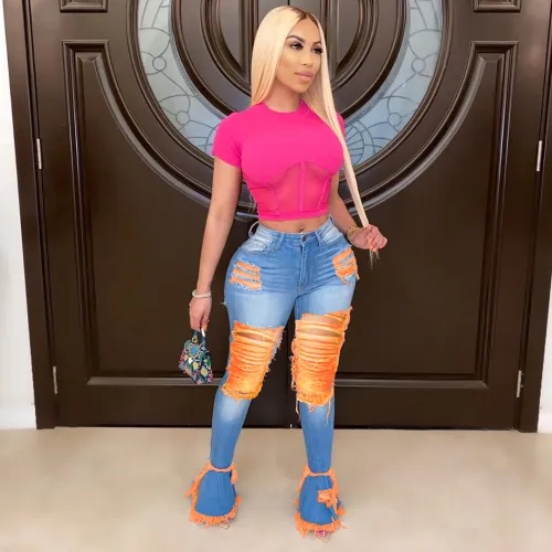 Dark Blue Bell Bottom Ripped Jeans with Orange Details