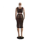 Black Fishnet Hollow Out Two Piece Skirt Set