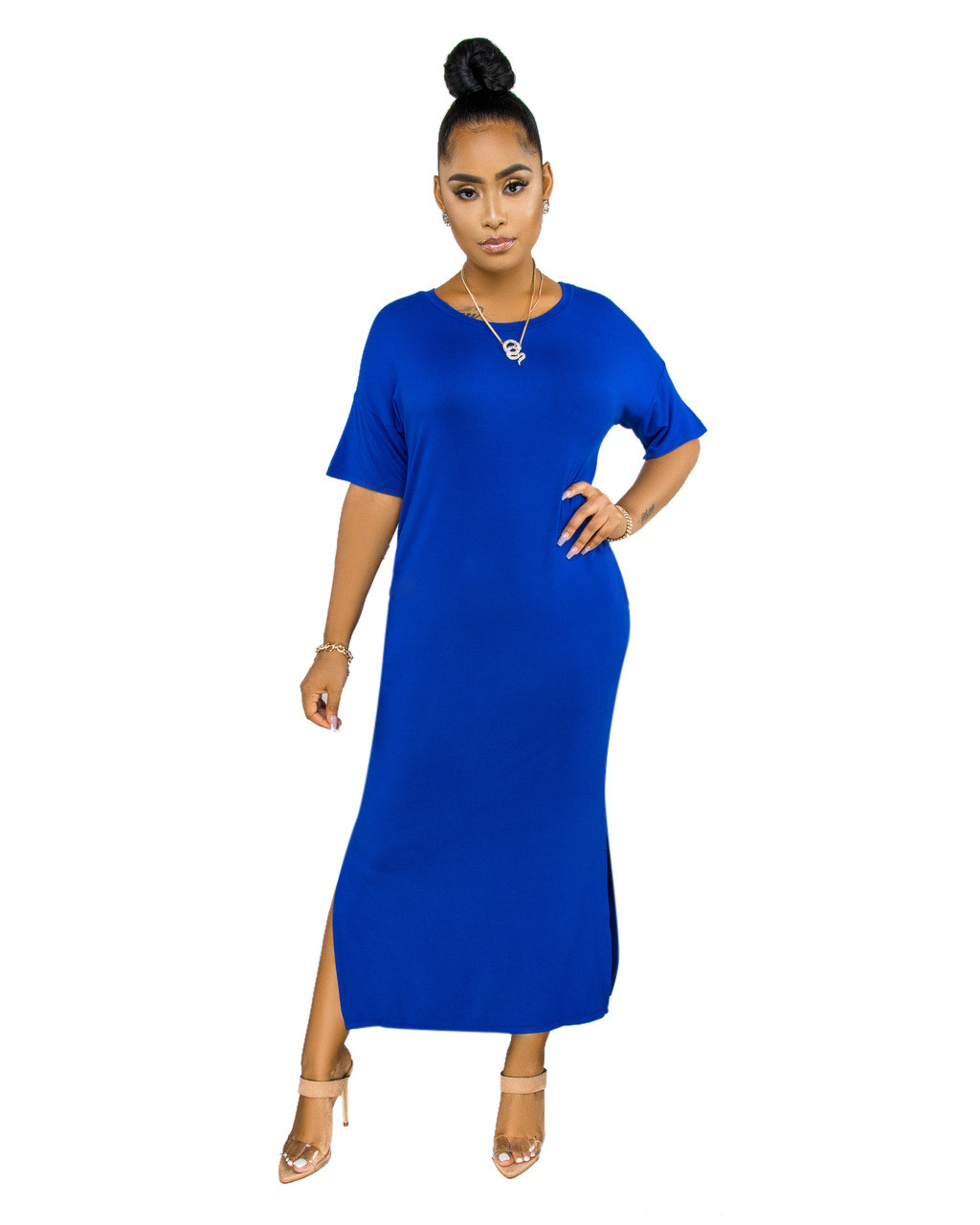 Plus Size Royal Blue O Neck Side Slit Casual Long Dress On Sale