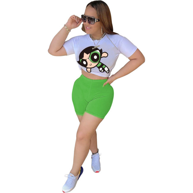 Cartoon Print Green Two Piece Shorts Set