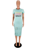 Letter Print Water Green Rhinestone Hollow Out Midi Dress