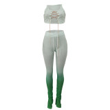 Gradient Green Metal Chain Top & Ruched Pants Set