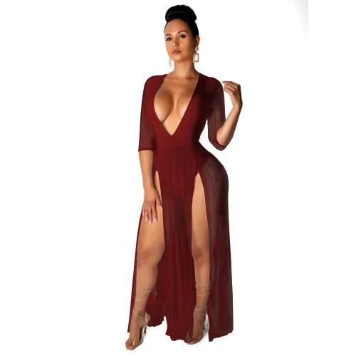Plunge Burgundy See Through High Split Maxi Dress