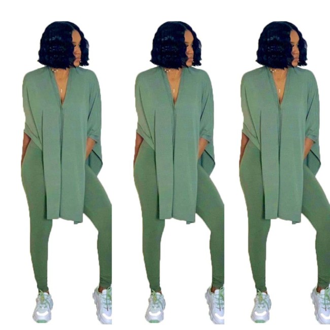 Green V Neck Split Two Piece Pants Set