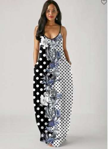 Plus Size Black White Dot Deep V Cami Maxi Dress