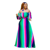 Vertical Striped Green Off Shoulder Maxi Dress