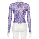 Purple Flame Printed Mesh Top with Sleeve